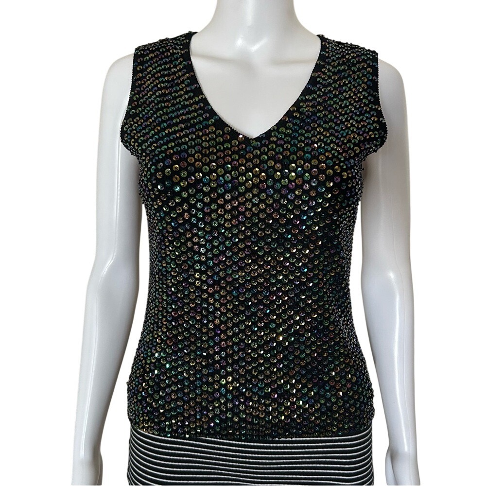 Vintage J.A.C Stretch Sequin Sleeveless Shirt Vest Top Size M